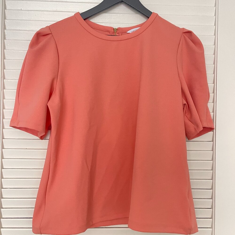 Orange Zip-Up Blouse with Puff Short Sleeves EUC
